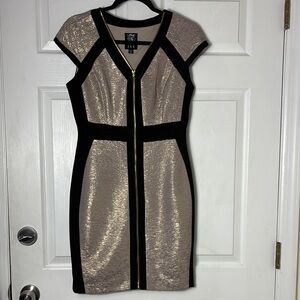 JAX Black and Gold Shimmer Cap Sleeve Bodycon Front Zip Dress Size 6 Stretchy